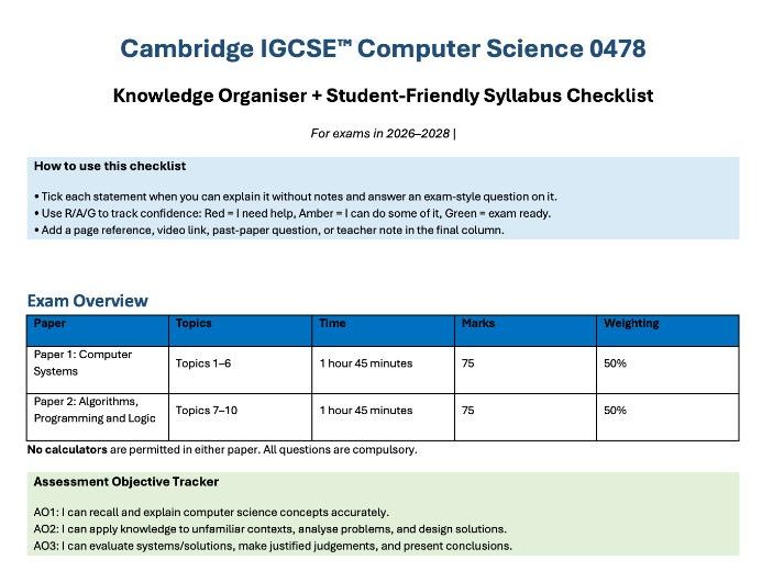 IGCSE Computer Science 0478 Knowledge Organiser