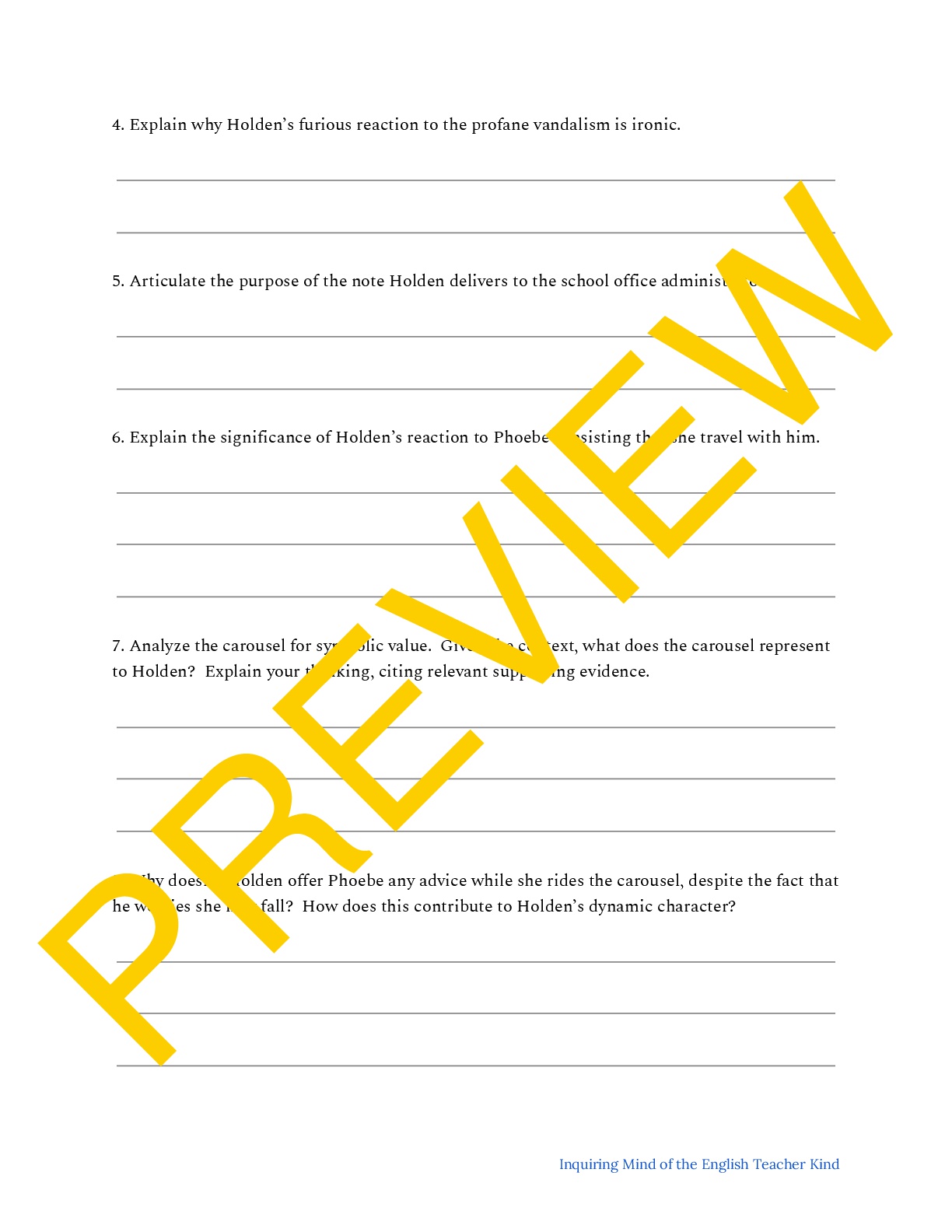 Catcher in the Rye Close Reading Worksheet for Chapter 25 Teaching