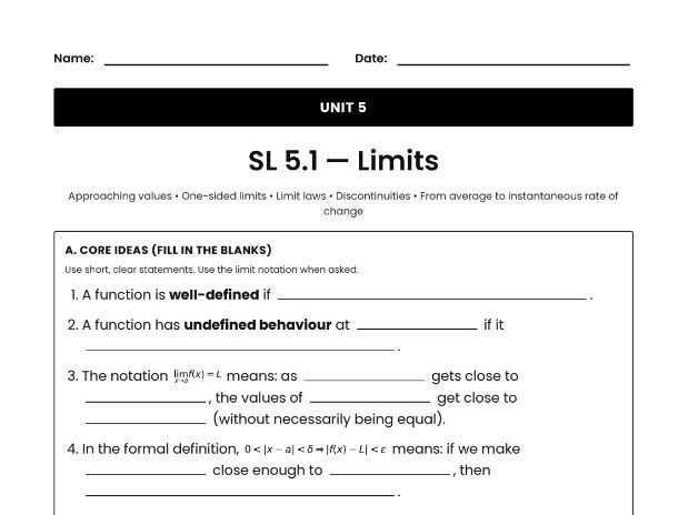 IB Math AI Worksheet 5.1 - Limits