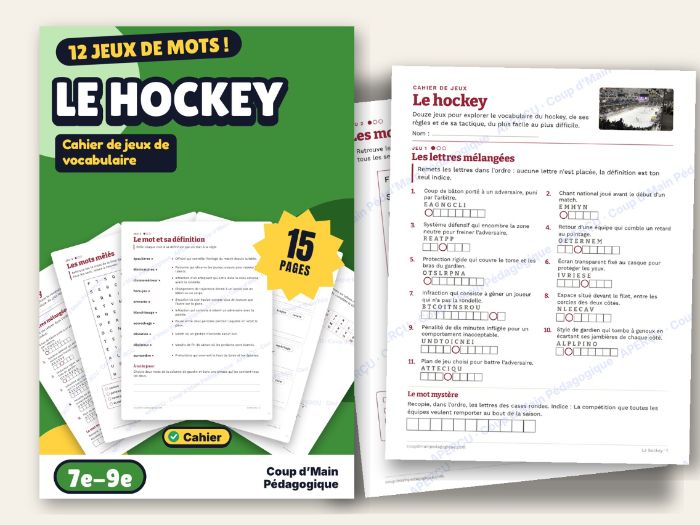 French Hockey Vocabulary Puzzles Grade 7-9 Rules & Tactics | Le hockey