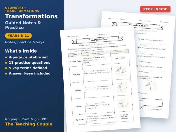 Transformations Guided Notes & Practice | Years 8-11