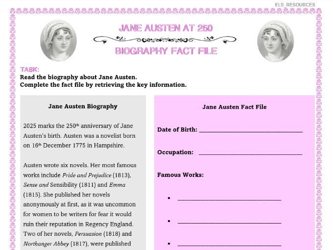 Jane Austen at 250 - Biography Fact File Worksheet