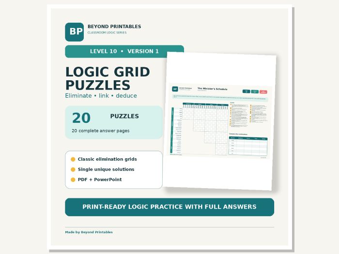 Logic Grid Puzzles Level 10: Master Deduction | Version 1, 20 Puzzles