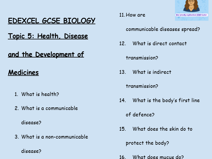 Edexcel GCSE Biology Topic 5: Health, Disease and  Medicines – 30 Question Retrieval with answers