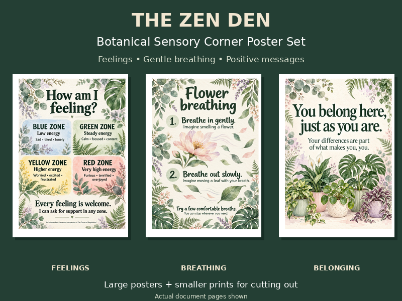 The Zen Den | Botanical Calm Corner Posters | Feelings, Breathing & Positive Affirmations