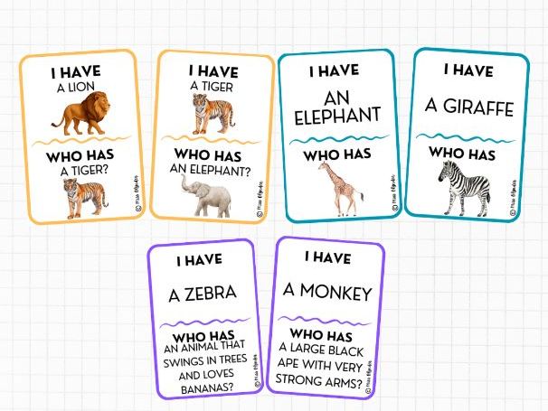 I Have Who Has Wild Animals Vocabulary Game | ESL Speaking and Listening Activity | jungle animals
