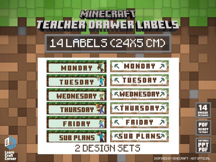 Minecraft-Inspired Teacher Drawer Labels – Editable, 2 Designs
