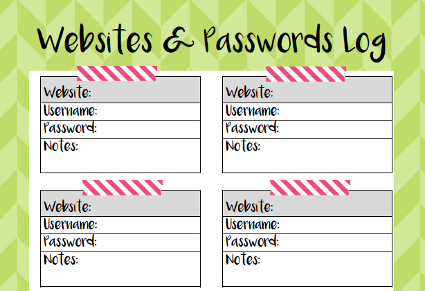 Websites and Passwords Log