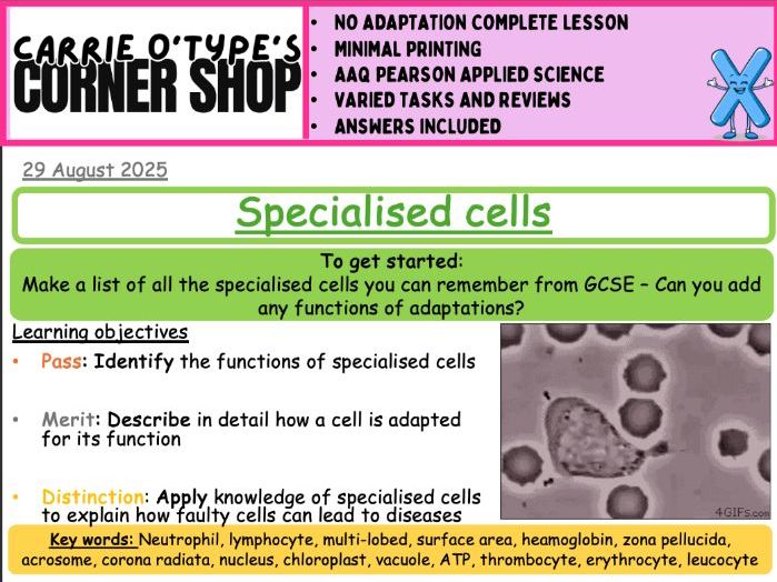 Specialised Cells- AAQ Pearson Applied Science