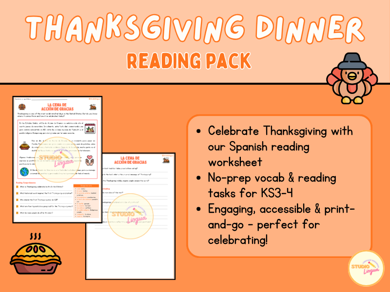 Thanksgiving Dinner | Spanish Reading Comprehension Worksheet | KS3-KS4 Cultural Activity
