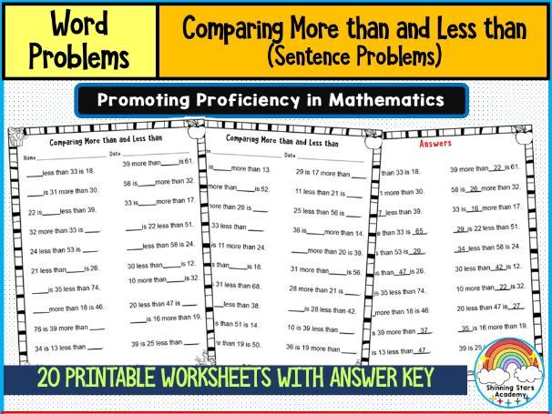 2-Digit More Than and Less Than Sentence Problems Worksheets | Comparative Math Word Problems Practi