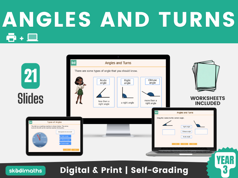 Angles and Turns Mastery Year 3 Digital Maths Lesson with Self-marking Activities