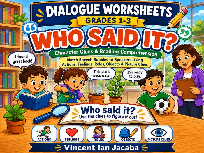 Dialogue Worksheets Grades 1–3 | Who Said It? Character Clues & Reading Comprehension