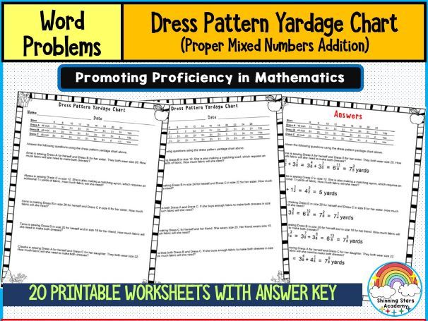 Dress Pattern Yardage Chart Word Problems Worksheets Addition of Proper & Mixed Numbers | Real-Life