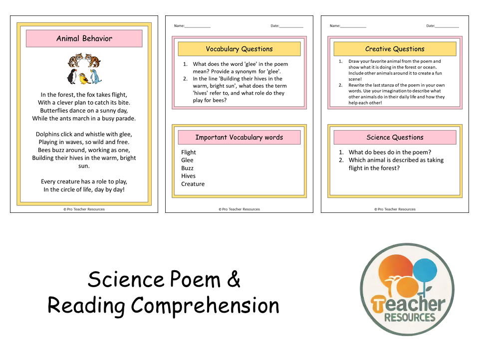 Behavior Poems Animal Behavior Poem Reading Comprehension Questions Worksheet ...