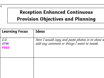 Reception Enhanced Continuous Provision Planning Sheet