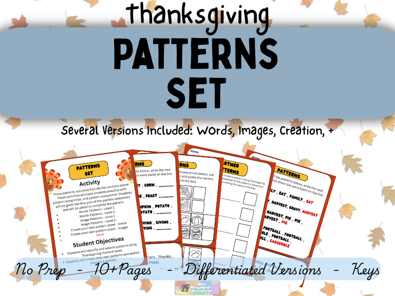 Thanksgiving Patterns Activity Sets | Differentiated Pattern Sets for K-5