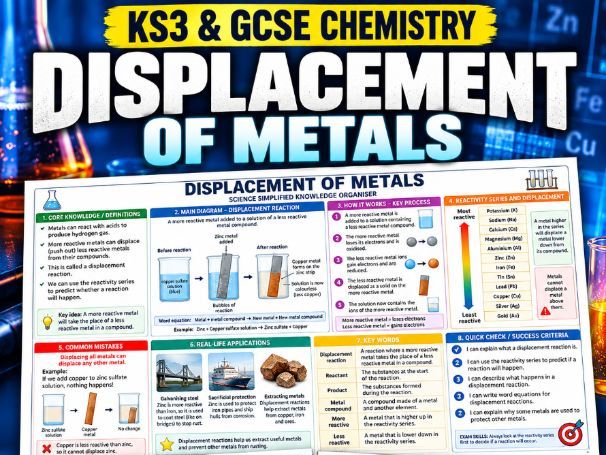 Displacement of Metals | KS3 & GCSE Chemistry | Knowledge Organiser + 30 Questions & Answers