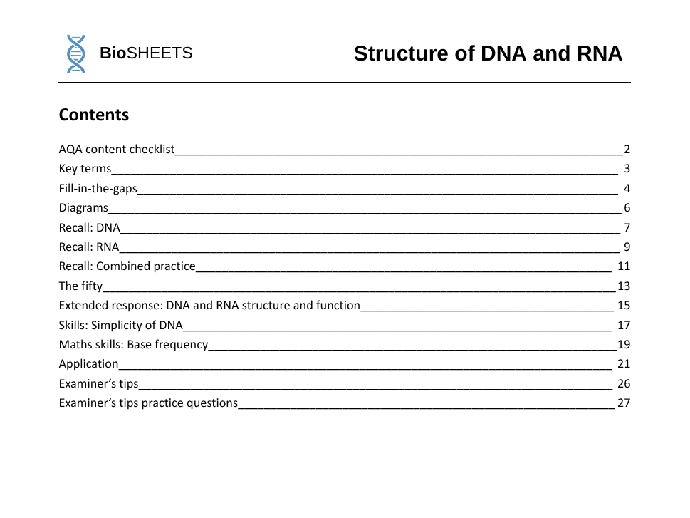AQA A-Level Biology: 1.5.1 DNA and RNA – BioSHEETS Complete Study & Practice Pack
