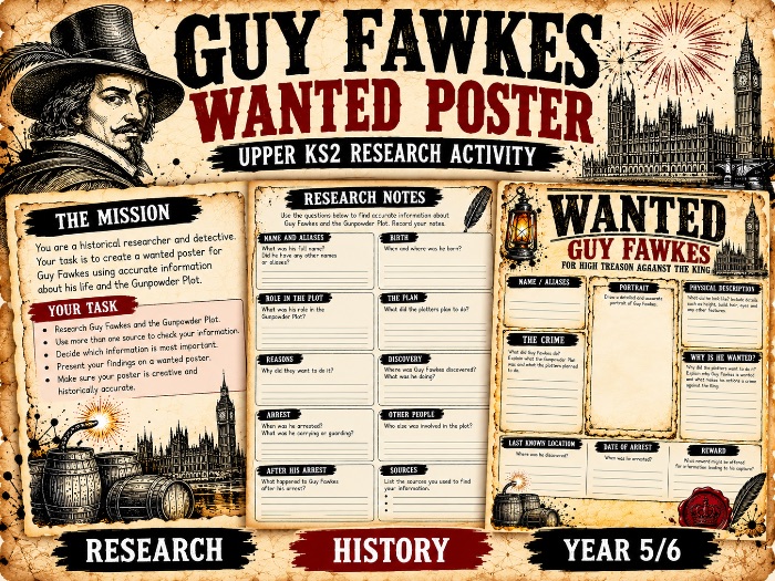 Guy Fawkes Wanted Poster KS2 | Gunpowder Plot Research Activity | Year 5 & 6