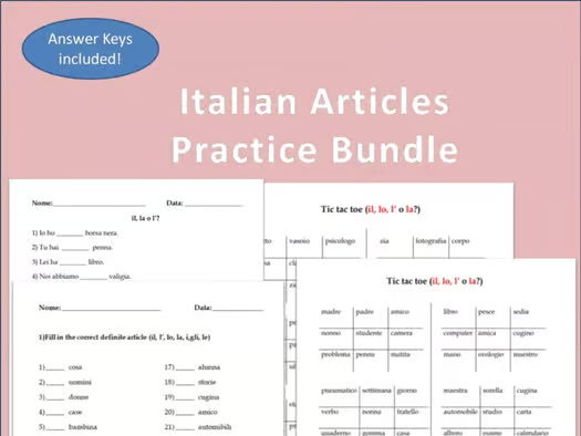 Italian Articles (Definite and Indefinite) Practice Worksheets Bundle