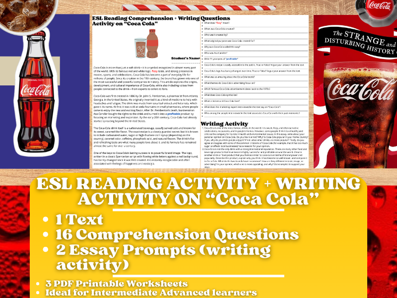 ESL Reading Comprehension + Writing Activity Worksheets on "Coca Cola"