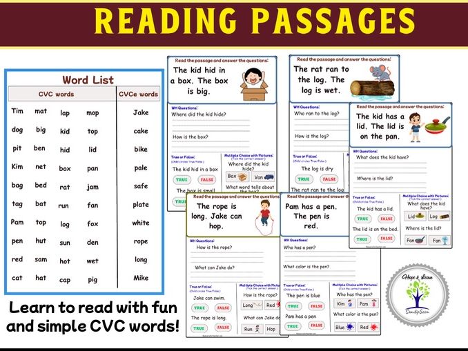 CVC and CVCE Reading Comprehension Fluency Worksheet