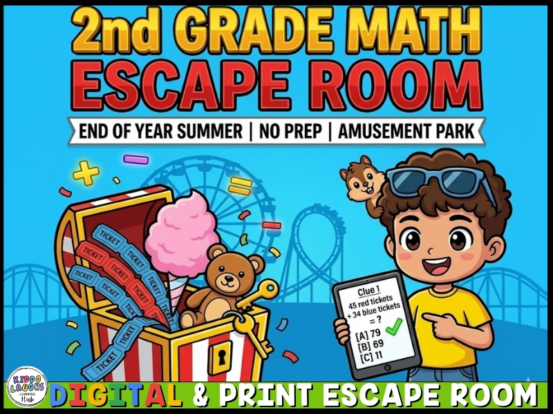 2nd Grade & Year 3 Math Escape Room End of Year Summer Amusement Park Word Problems Activity No Prep