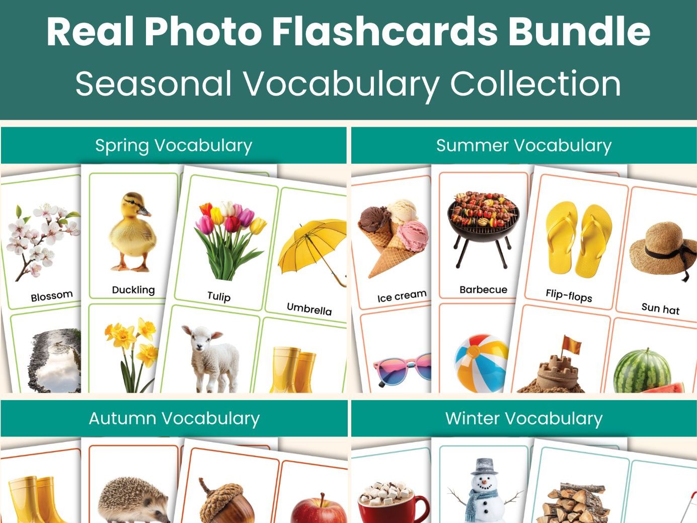 Seasonal Flashcards Bundle | Autumn, Winter, Spring & Summer Vocabulary, ESL