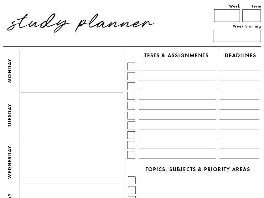Study Planner Template - Printable Reusable Timetable