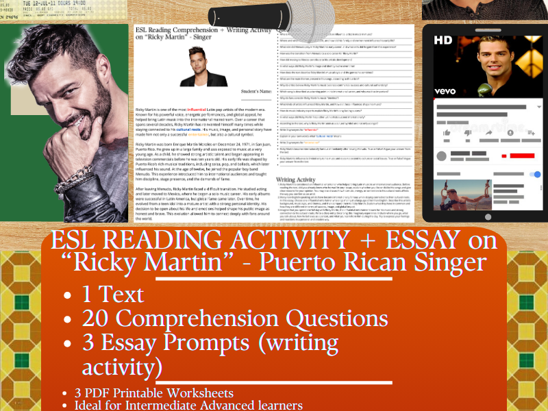 ESL Reading Comprehension + Writing Activity - Ricky Martin - Puerto Rican Pop Singer