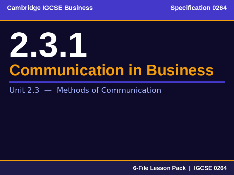 Cambridge IGCSE Business 0264 | 2.3.1 Methods of Communication | Lesson Pack