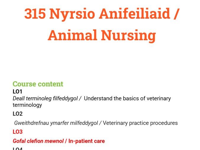 L3 Adv Tech Ext Dip in AM: Unit 315 Animal Nursing LO3
