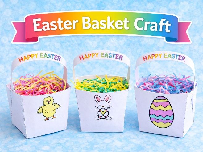 Easter basket template craft - 4 different designs: 3 decorated and 1 blank