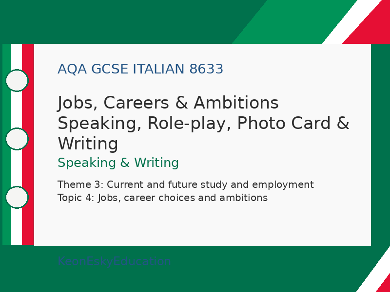 AQA GCSE Italian – Jobs, Careers & Ambitions Speaking, Role-play, Photo Card & Writing