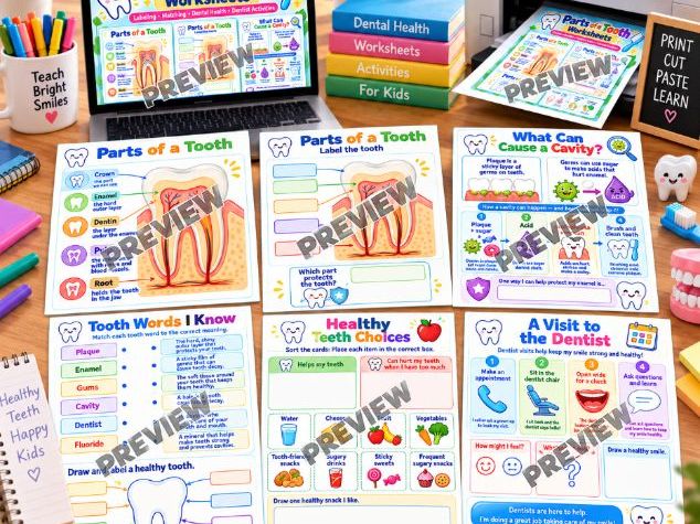 Parts of a Tooth Worksheets, Dental Health, Enamel, Cavities, Germs Activities