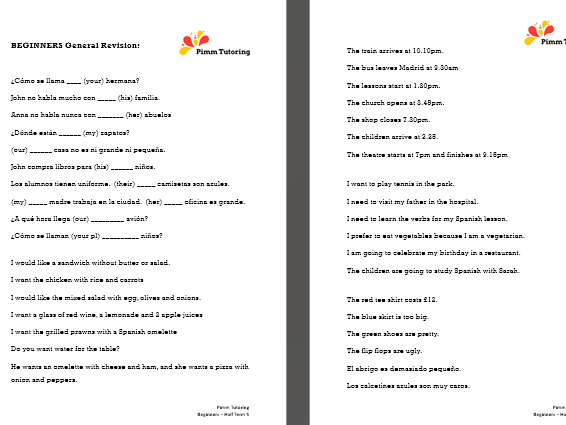 Spanish mixed worksheet (possessive pronouns/time/food/clothes/modal verbs)