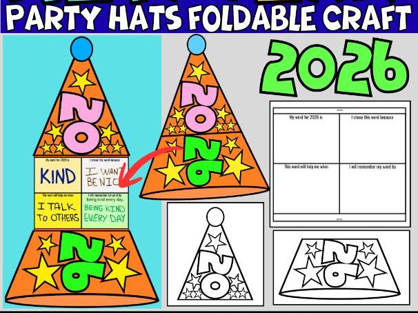 New Year 2026 Party Hats Craft | One Word Reflection & Goal-Setting  Foldable Writing Activity KS1