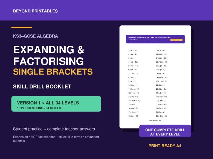 Expanding and Factorising Single Brackets | Version 1 | 34-Level Skill Drill Booklet