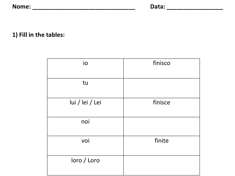 FINIRE Conjugation Worksheets | Present Tense