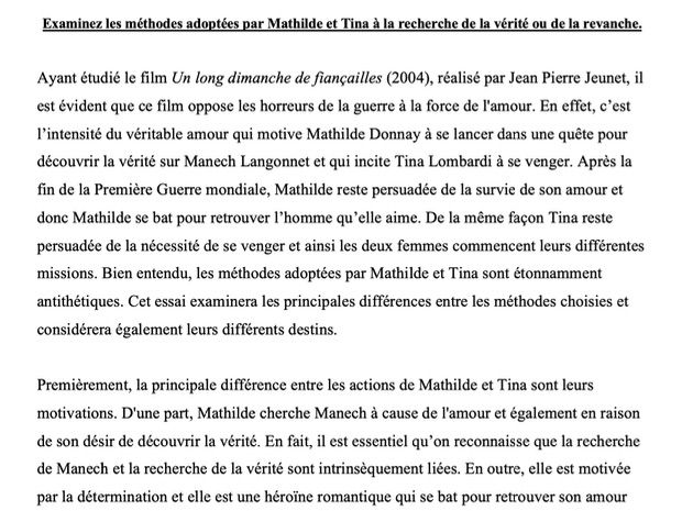A* French A-Level Essay (AQA) on Un long Dimanche de fiançailles by