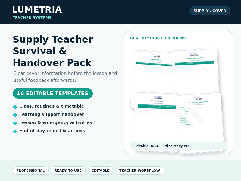 Supply Teacher Survival & Handover Pack | 16 Editable Cover Templates & Checklists
