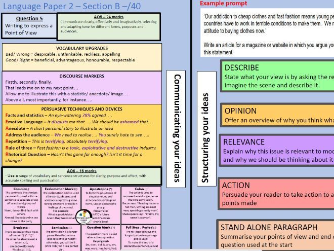 AQA Language Paper 2 Knowledge Organiser A3