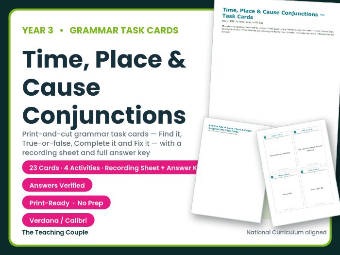 Year 3 Time, Place & Cause Conjunctions Task Cards