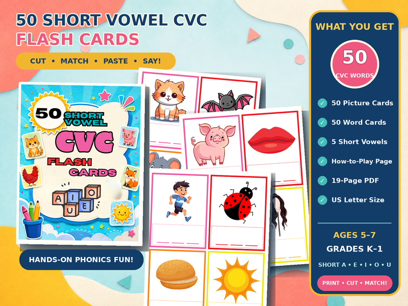 50 Short Vowel CVC Flash Cards | Picture and Word Matching Phonics Activity | Kindergarten-1st