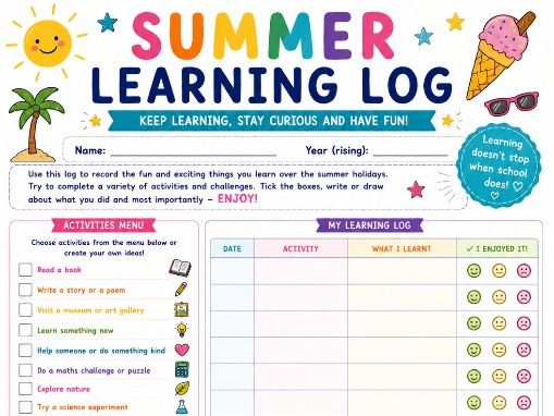 Summer Learning Log | KS2 Holiday Activity & Home Learning Worksheet