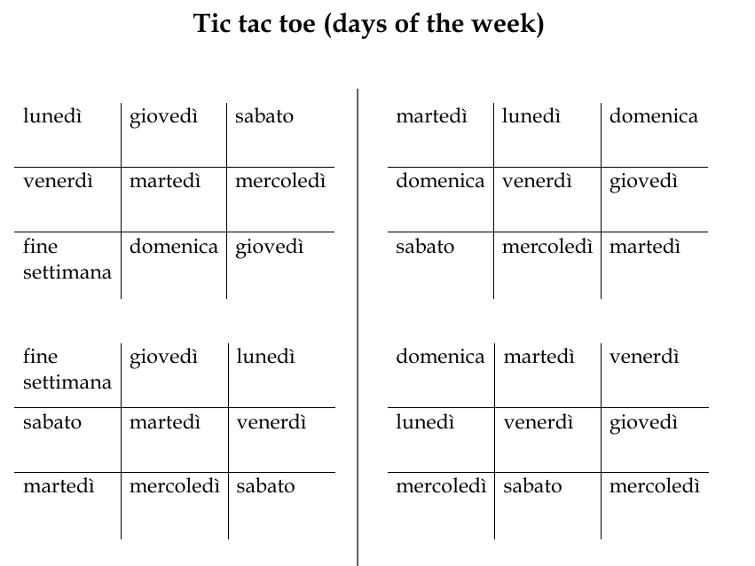 Tic Tac Toe Italian Days of the Week Worksheet