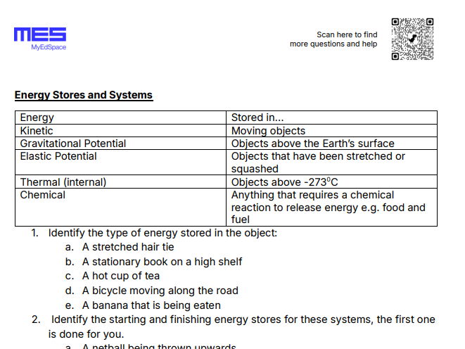 GCSE AQA Topic 1: Energy - Stores Worksheet (Foundation and Higher)