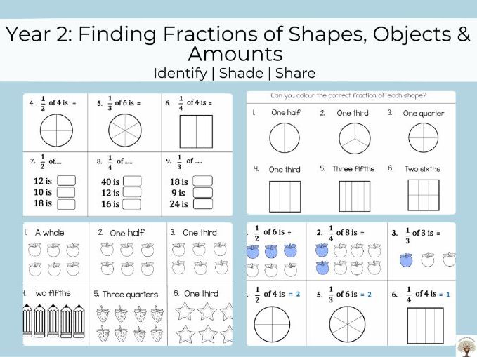 Year 2 Fractions Worksheets – Finding Fractions of Shapes, Objects & Amounts (Differentiated)