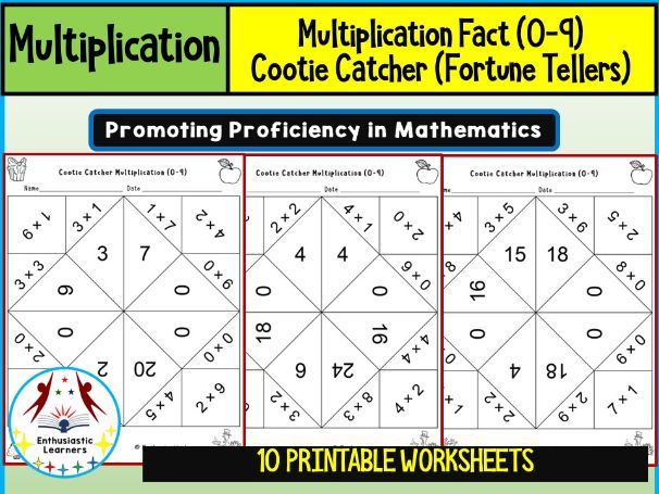 Multiplication Fact (0–9) Cootie Catcher Fortune Teller Worksheets Math Problems